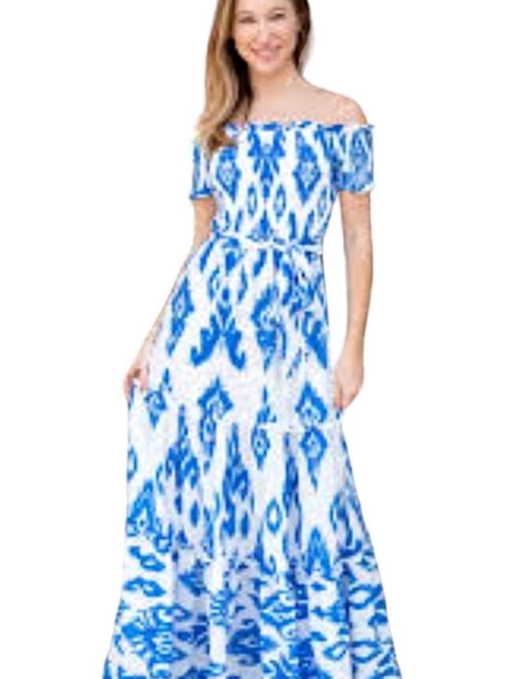 Flying Tomato L Off-Shoulder Blue & White Patterned Maxi Dress